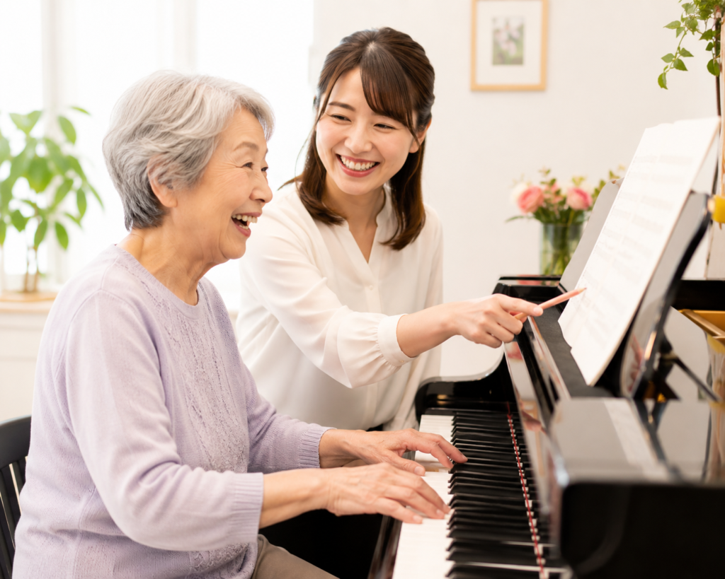 津田沼の音楽教室のシニアのピアノレッスンの様子