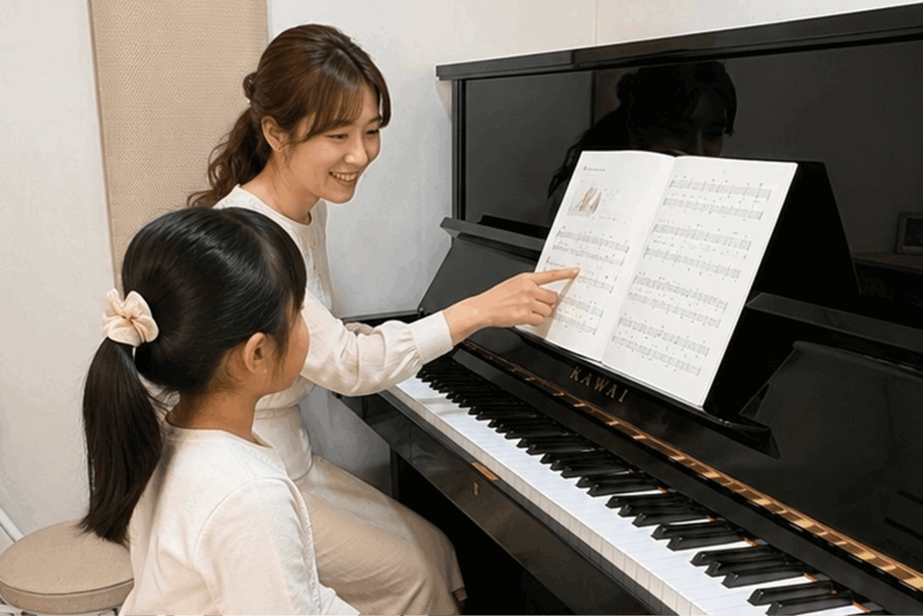 女の子にピアノレッスンする様子